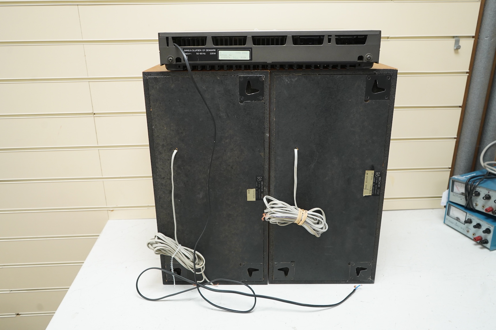 Six Bang & Olufsen items; a 1960s Beolit 600 radio, a pair of Beovox CX50s white cased shelf speakers, a pair of Beovox 1000 speakers, a Beolab 2000 speaker unit, together with two testing units (adjustable power supplie